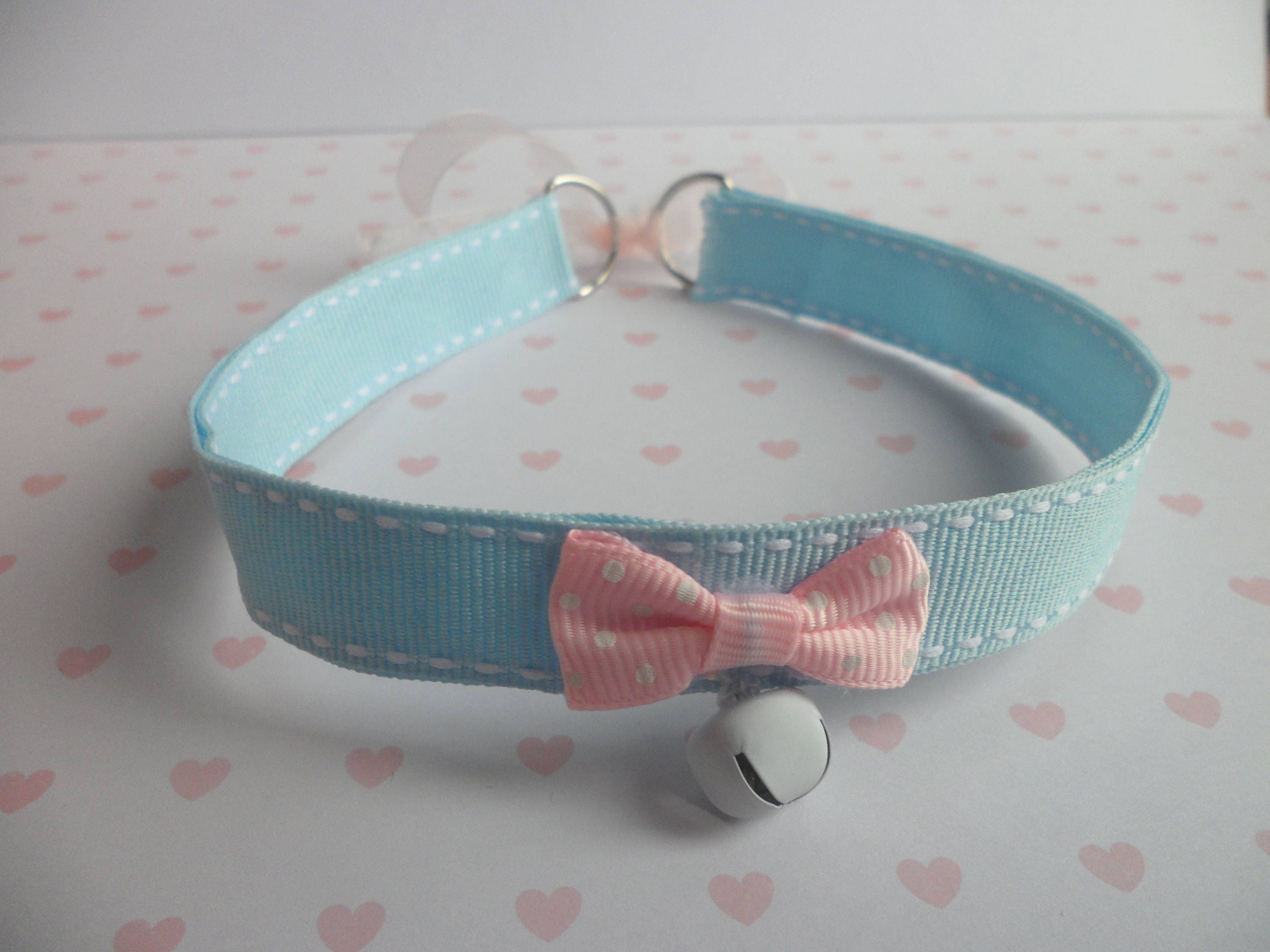 Thin Kitten Collar Baby Blue Ribbon Collar With White Bell Pink Bow Ddlg Thin Kitten Collar Baby Blue Ribbon Collar With White Bell Pink Bow Ddlg