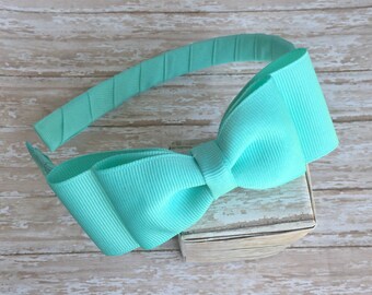 Aqua headband with a bow, girls headband, plastic headband, aqua bow headband, back to school headbands, girls hard headband with bow