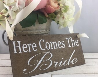 Here Comes The Bride Sign-12"x 5.5" Rustic Wedding Sign-Ring Bearer Sign-Flower Girl Sign-Country Chic Wedding Sign