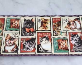 Wood Box, Pencil Box, Purple Box, Box with cat prints, Beaded pencil box, Art box, Wood box with cat prints, Decoupaged Box, Cat print box