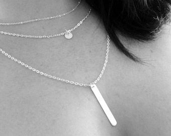 Silver Bar Layered Necklace | Silver Coin Necklace Silver Disc Necklace Silver Bar Necklace Silver Layered Necklace Silver Layering Necklace