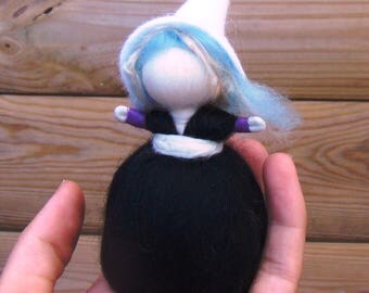 mini pagan doll, magic wool witch, mini felted dolls, steiner witch doll, black worry doll, felted elf girl, mini goth doll, wiccan kid gift