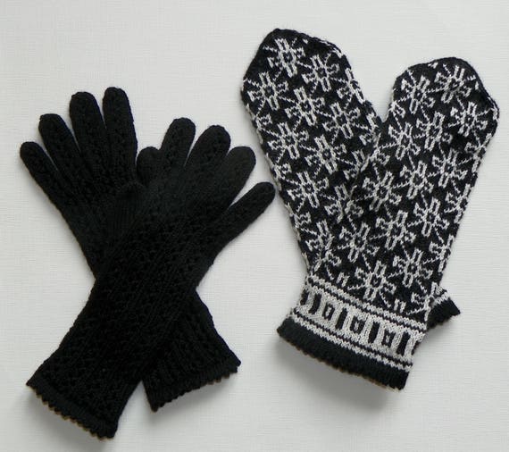 Wool black mittens and gloves set Knitted mittens and gloves