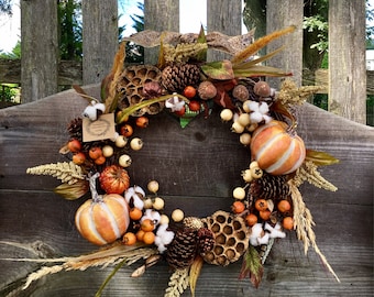 Fall wreath autumn wreath pumpkin wreath pine cone wreath cotton wreath fall decor grapevine wreath rustic wreath harvest wreath