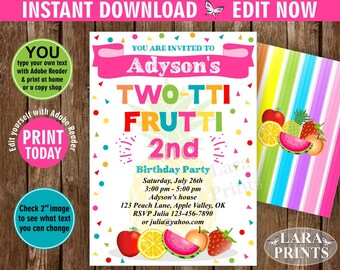 INSTANT DOWNLOAD / edit yourself now / Birthday Invitation / Two-tti Frutti / Twotti Frutti Party / Tutti Fruity / Tutti Fruitti / pink DTF4