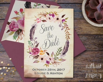 printable save the date boho wedding save our date floral wreath vintage romantic bohemian watercolor floral wedding invitations sage plum