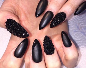 Matte black and cystal gel nails • fake nails • false nails • press ons • press on nails • nails • gels