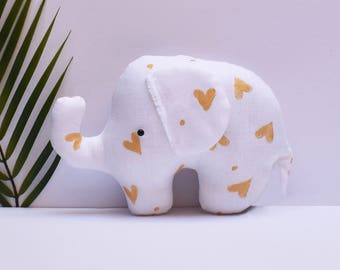 Baby elephant softie white linen/gold hearts