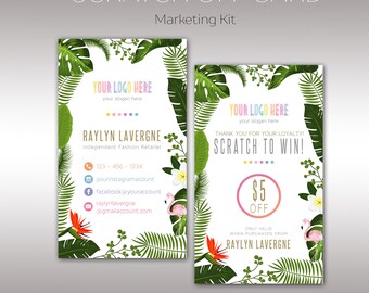 Tropical flamingo and flowers Scratch Off Card, Boho Marketing Kit, Fast Free Personalization, For Retailer, Home Office Approved K25G10