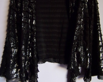 Vintage Womens Cardigan/Black Silver Party Jacket/Retro Jacket/Short Disco Cardigan/Glossy Jacket/Bell Sleeve/Tied Jacket Size M