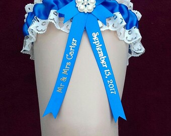 Something Monaco Blue Personalised Wedding Garter with Lucky Sixpence