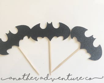 12 glitter black batman cupcake toppers, birthday party, king, queen,cup cakes, halloween, robin
