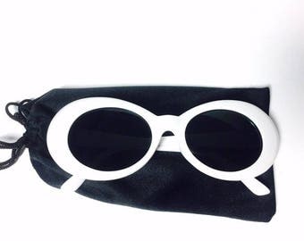 90s Kurt Cobain White Oval Frame Tinted Dark Vintage Retro Sunglasses