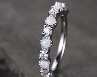 opal wedding band opal ring white gold plated sterling silver cz diamond enternity band anniversary ring - Opal Wedding Ring opal wedding band opal ring white gold plated sterling silver cz diamond enternity band anniversary ring - Opal Wedding Ring