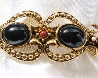NBT # 60 Vintage Gold Tone Hinged Bracelet with Two Large Black Cabochon Beads & One Small Red One, Baroque, Renaissance Look, Safety Chain