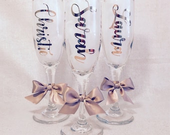 Personalized Champagne Flutes | Metallic | Calligraphy | Custom | Birthday | Bachelorette Party | Girls Night | Gifts | Drinking Favors
