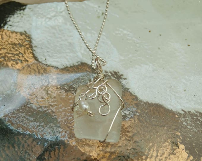 Beach Glass Necklace - Sterling Silver Chain and Rice Pearl- Dainty, Cute, Sweet, Trending Now - unique gifts for her