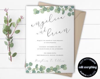 Eucalyptus Greenery Wedding Invitation Template - Eucalyptus Wedding Invitation Template - Green Eucalyptus Leaves Wedding Invitation Set