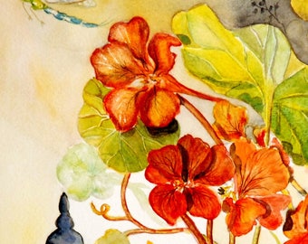 Contemporary Art Original, modern painting, watercolor painting of Mary nasturtiums