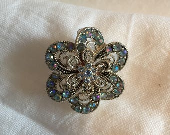 Silvertone and Blueish/Pink RhinestOne Flower Brooch