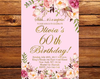 Adult Birthday Invitation Vintage Purple 60th Birthday Party