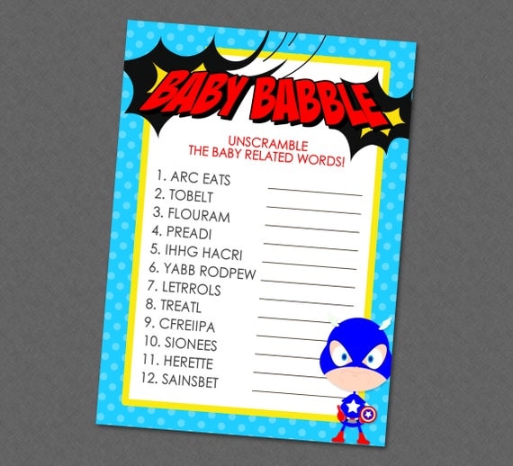 Super Awesome Superhero Boy Unscramble The Baby Words Baby Shower Game