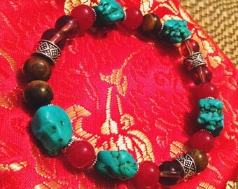 Turquoise Red Jade Tiger Eye Smoky Quartz Beaded bracelet Jewelry Happiness Energy Wellness Wealth Prosperity Bohemian Boho beads Unisex Zen