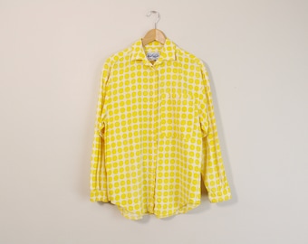 Yellow Polka Dot Shirt, Vintage 90s Oxford, Linen Button Down, Long Sleeve Shirt, 90s Perry Ellis Oxford, Boyfriend Shirt, Oversized Oxford