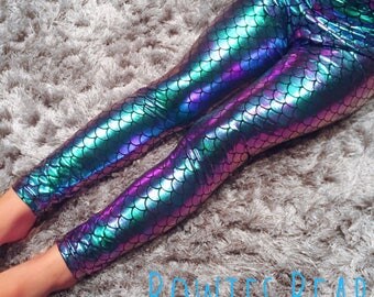 Girls Foil Two Tone Turquoise/Purple Mermaid Leggings - Scale Print Leggings - Sizes Prem - 14 Years - Ariel Dress Up - Under The Sea