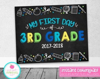 First Day of 3rd Grade Chalkboard Sign -First Day Sign - Blue, Green, Yellow, Turquoise - 8x10 Instant Download Printable Sign