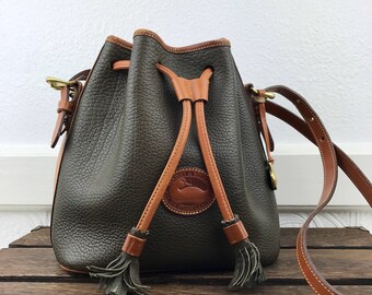 Dooney & Bourke Forest Green Leather and Tan Leather Trim Bucket Shoulder Bag Made in U.S.A.