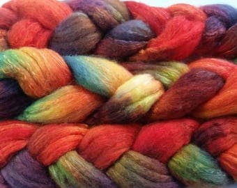 Merino silk spinning fiber hand dyed roving 100g