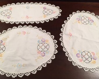Vintage Set of 3 Hand Embroidered Doilies