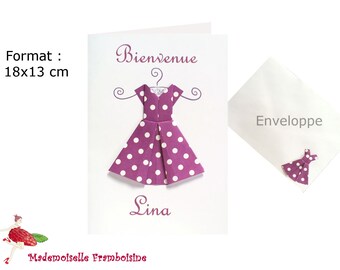 Card congratulations newborn little girl, Origami dress violet