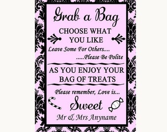 Baby Pink Damask Grab A Bag Candy Buffet Cart Sweets Personalised Wedding Sign
