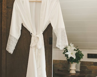 Satin and Lace Bridal Robe Off White