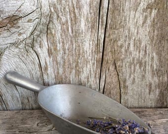 Vintage Metal Scoop, grain scoop, kitchenware, vintage finds, industrial, bakery scoop