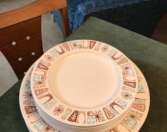 Vintage 1960's Harmony House China 4558 Brown and Aqua Atomic Pattern