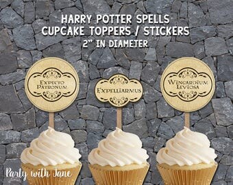 Harry Potter Spells Cupcake Toppers, Stickers, Tags, Decor Decoration, Party Favor, Hogwarts, Fantastic Beasts and Where to Find Them