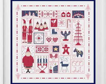 Scandinavian Inspired Advent Calendar, God Jul, Noel point de croix, Nordic Christmas Cross-stitch sampler, PDF Download,