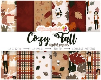 Cozy Fall Digital Paper Pack / 12 Digital Papers / Digital Scrapbook Paper, Wallpaper, Backdrop, Autumn Patterns, Seamless Pattern