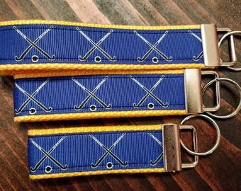 Key fob, keychain, key chain, wristlet, split ring, trendy, keys, lanyard, sports, field hockey, athlete red yellow blue grosgrain ribbon