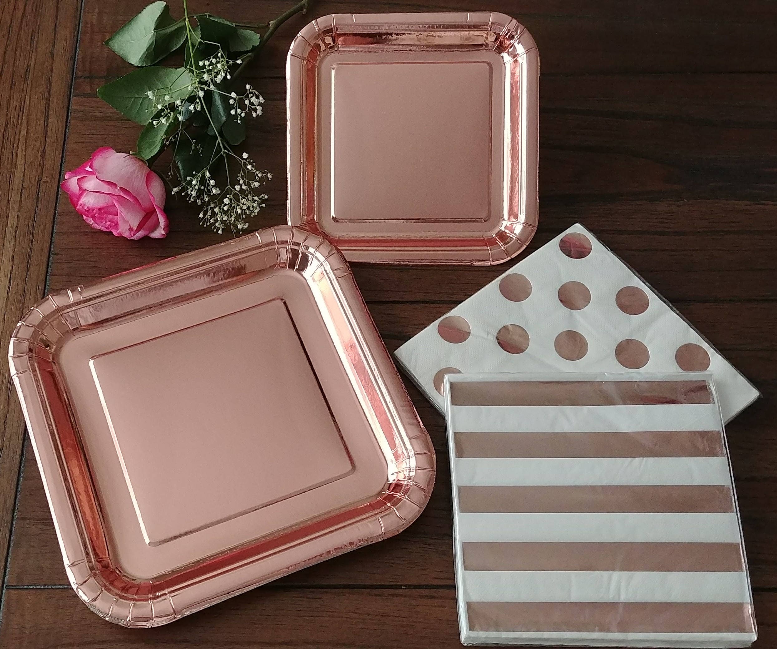 Elegant Rose Gold Foil Paper Plates Striped and Dots Napkins