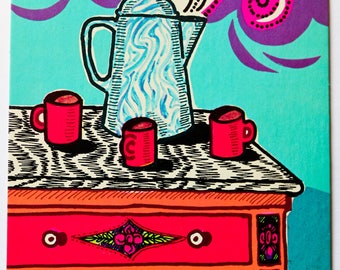 Vintage Postcard- 1960s Coffee Anyone? Coffee Pot and Mugs on Countertop