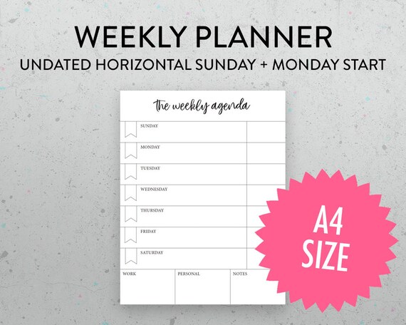 a4 undated weekly planner printable page horizontal layout