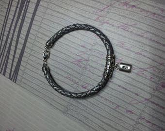 Bracelet, silver, grey braided leather padlock