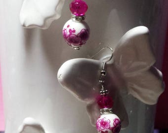 Porcelain and fuchsia Swarovski crystal earrings