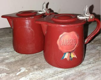 2 French Vintage Brown Enamel Milk Pots,Kitchen,Decor,Country Kitchen,Rustic,Coffee,Tea,Enamelware