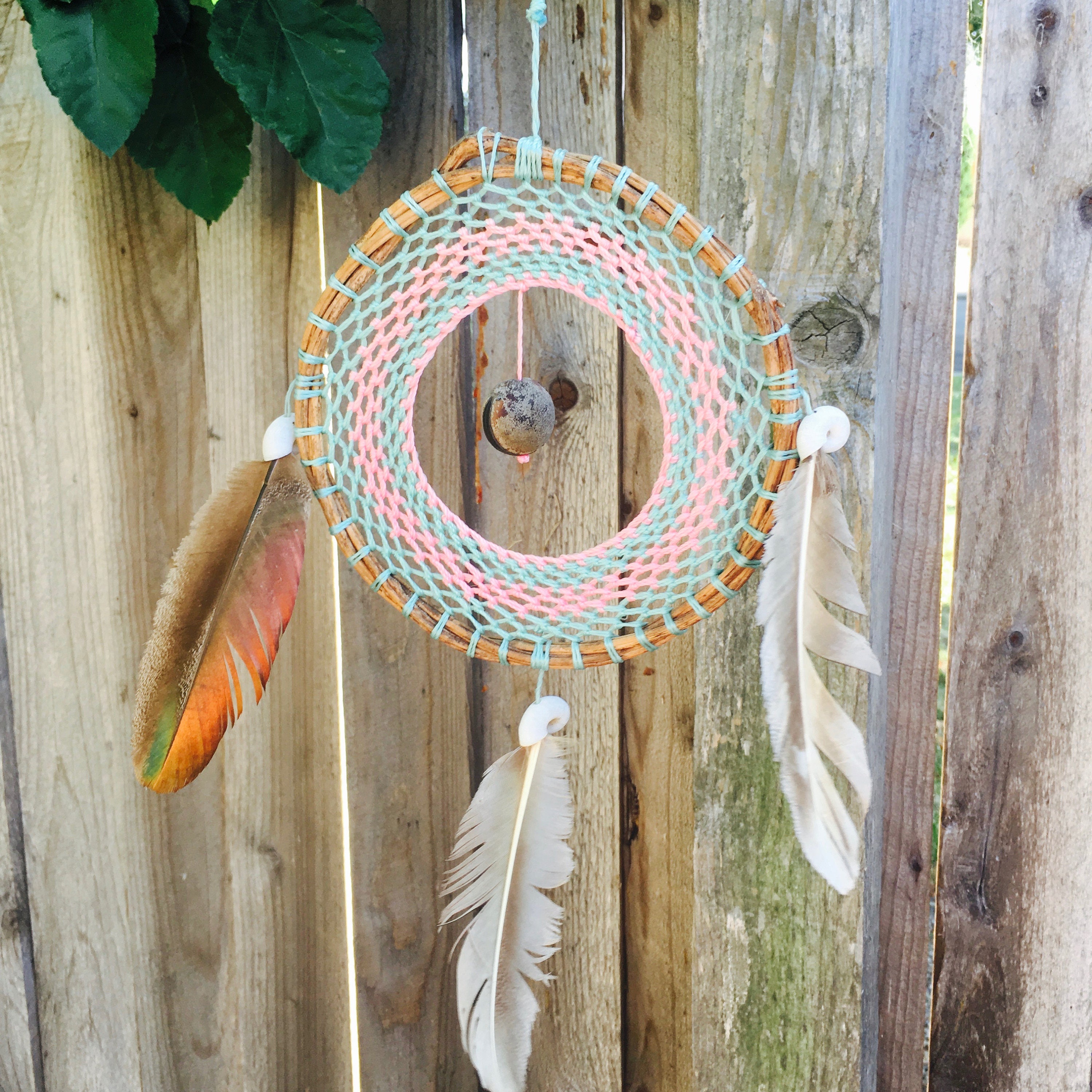 Handmade Crochet Mayan Dream Catcher Teal Pink with Metallic