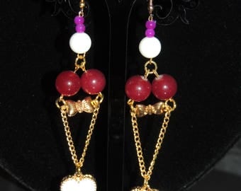 True Love Dangle Earrings! Cherry Blossom Agate Gemstone! Hanging gold Chain Earrings! Vimas Bijou Heart!
